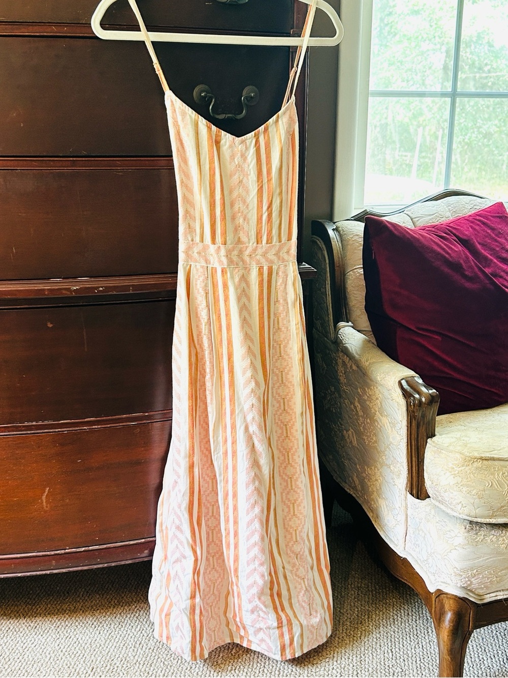En Creme Peach and Cream Striped Maxi Dress with Spaghetti Straps